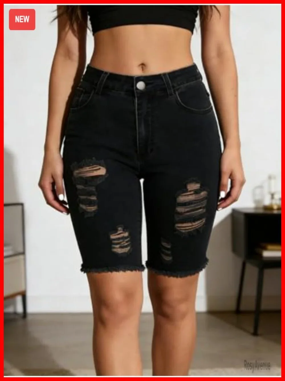 Distressed Knee Length Ripped Stretchy Bermuda Jean Shorts